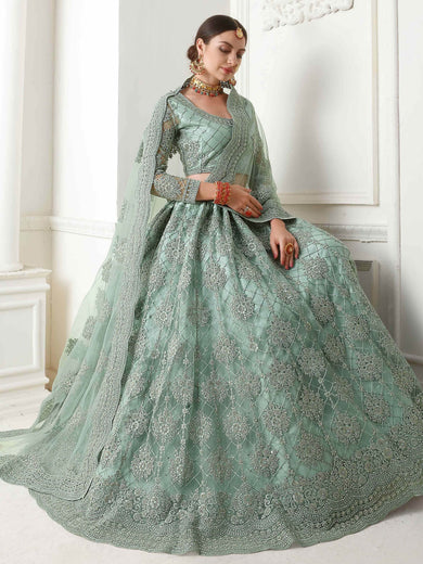Fabulous Mint Green Net Beads Embroidered Lehenga Choli With Dupatta